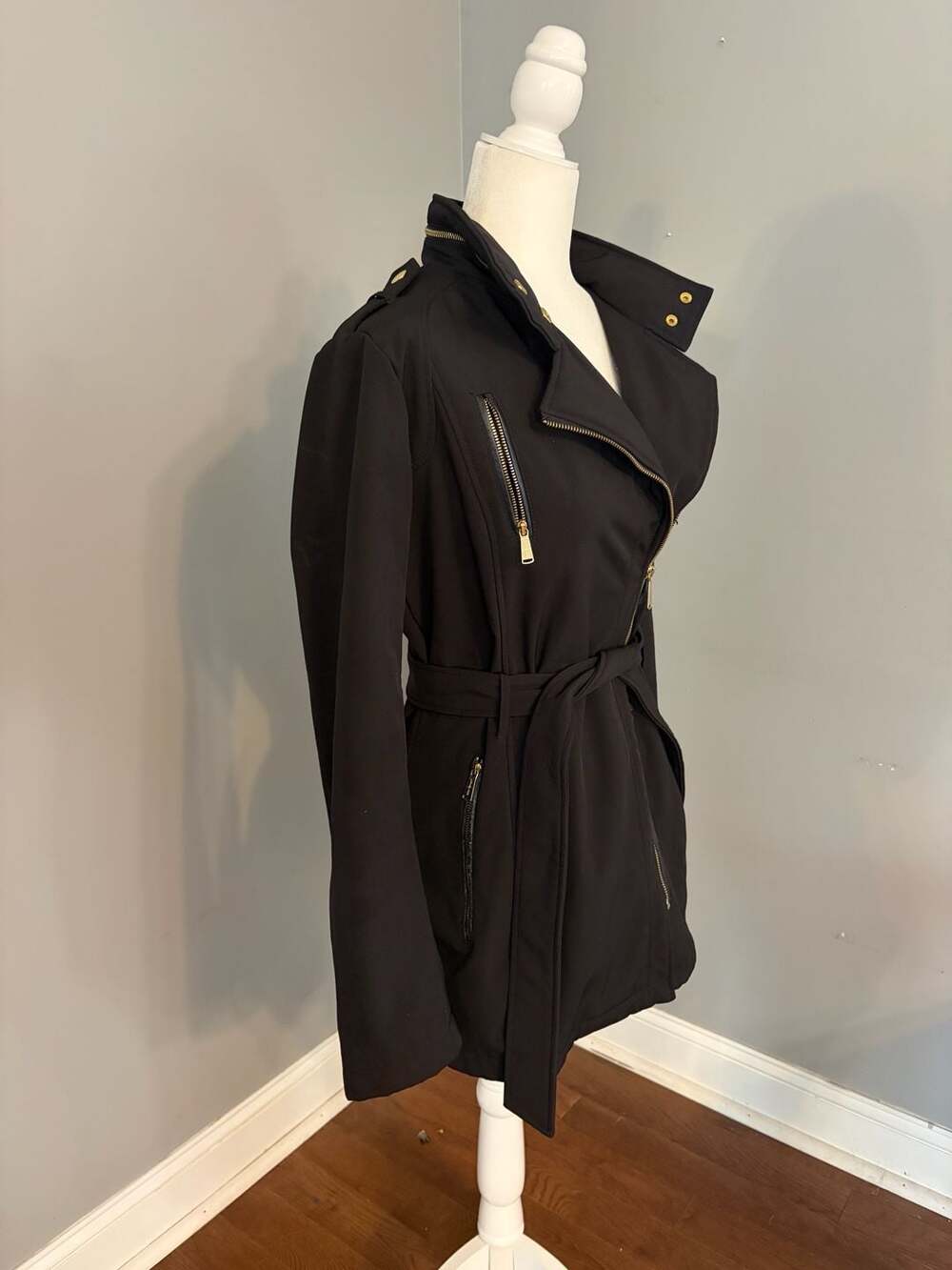 Michael Michael Kors Black Asymmetrical Zip Belted Soft Shell Coat